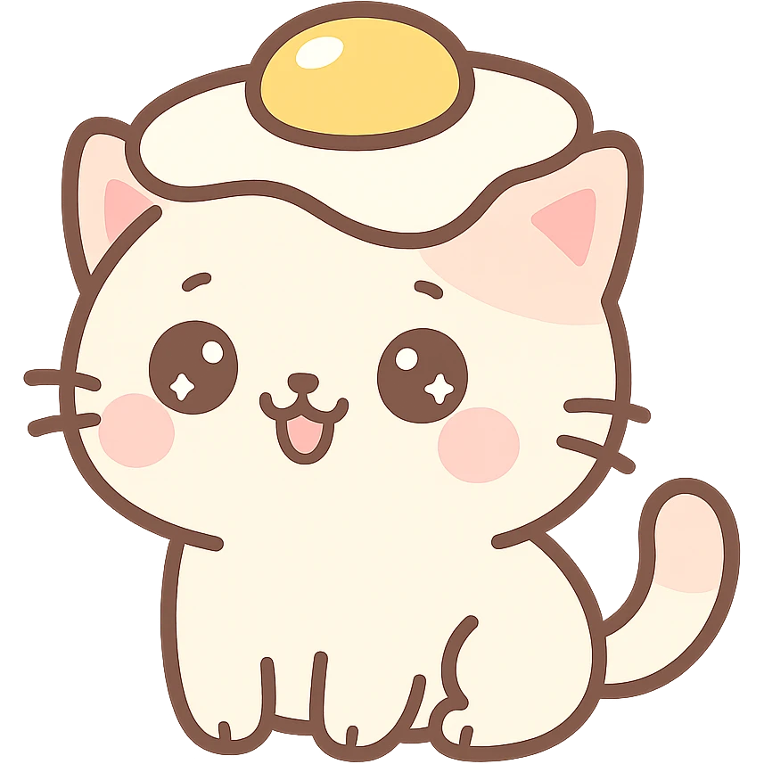 cute cat with a fried egg hat, playful and colorful, cheerful expression emoji