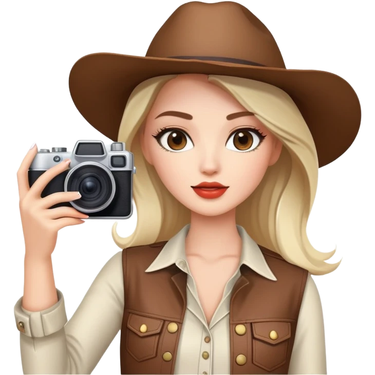 Western female fashion model posing with camera taking selfie, stylish outfit emoji