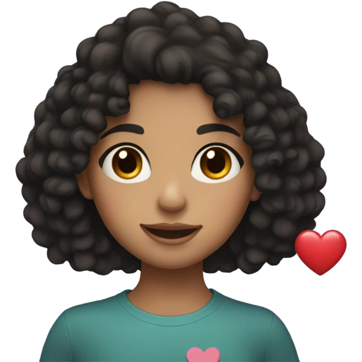 A girl with black curly hair, freckles, tan skin, holding a heart  emoji
