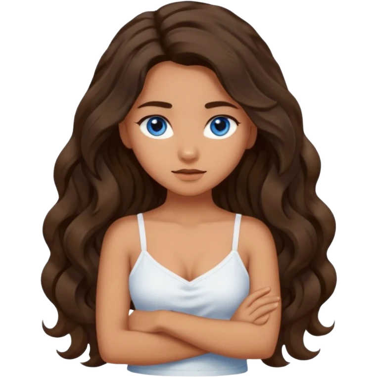 Girl with olive skin, blue eyes, brown dark insanely wavy long hair, white camisole, crossing arms in an x shape emoji