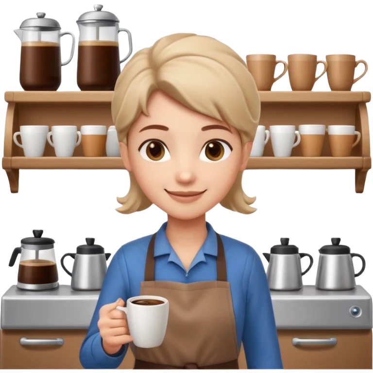 cute barista portrait, head and shoulders only, wearing apron, coffee shop uniform, friendly smile, holding a small coffee cup, 3D cartoon, mobile game icon style, clean background, no text, no watermark
 emoji