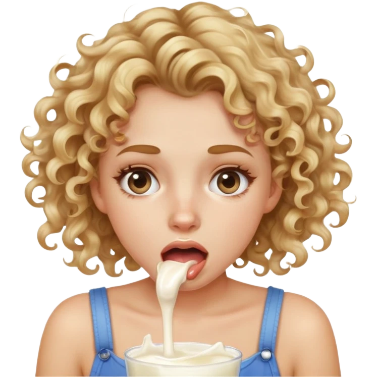 Girl with dirty blonde highlights on the end hair curly rolling her eyes all the way back with her mouth open and milk on her cheeks with no cup  emoji