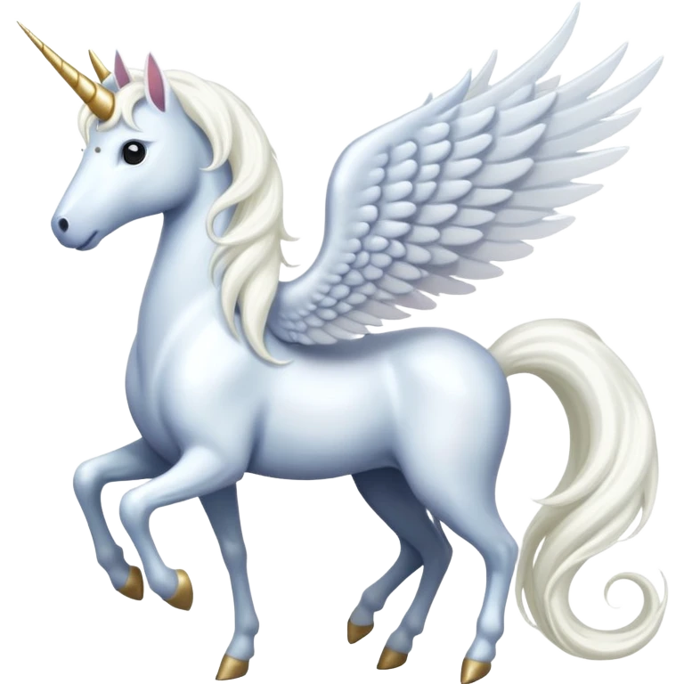 All white Cinematic Noble Unicorn with wings, slender with a flowing mane and tail and spiraled horn emoji
