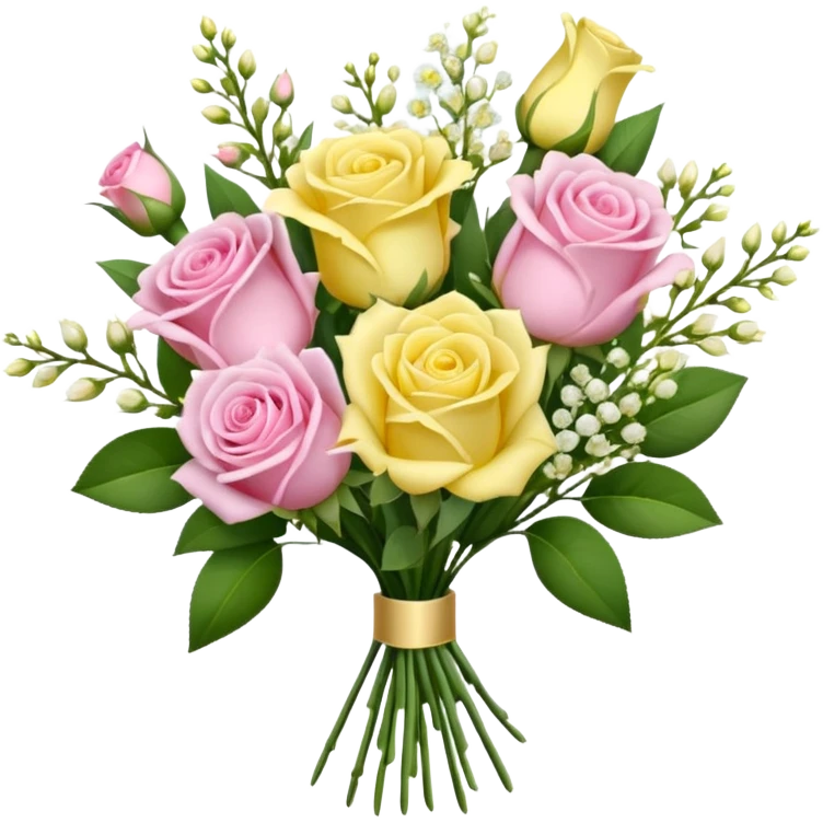 A mixed bouquet of four flowers, featuring pink roses and yellow lisianthus. emoji