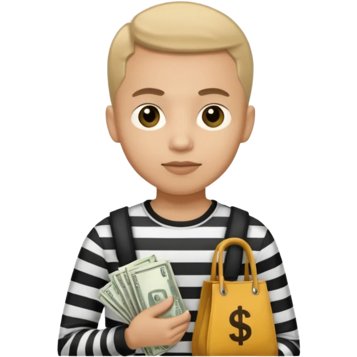 Un ladrón con camisa de rayas blancas y negras mirando hacia la frente con una bolsa de dinero  emoji