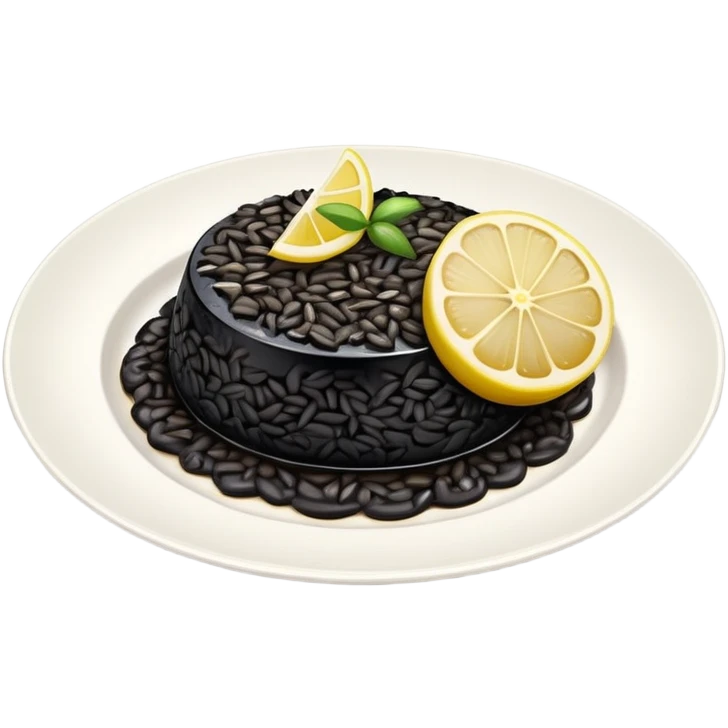 cinematic-realistic-black-risotto-dish,-showcasing-dramatic-lighting in a white plate with a single slice of grilled lemon on top emoji