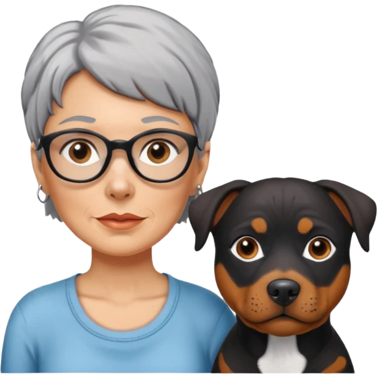 ONE Pit bull Rottweiler mix with white muzzle and spots on muzzle next to ONE older woman with really short grey hair and brown eyes emoji