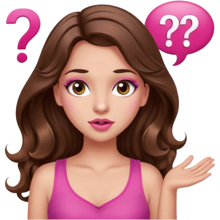 girl with long wavy brown hair, brown eyes, long lashes makeup, sexy pink lips, light to medium complexion, wearing a pink sexy top, shugging, question mark one speech bubble emoji
