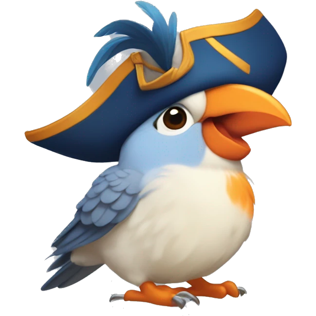Blue Cockatiel, blushy cheeks, orange feathers on top, headshot, very happy, wearing a pirate hat emoji