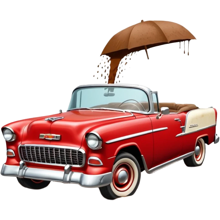 1955 Chevrolet Bel Air Convertible, Red-White color, with a bucket of brown mud pouring down on it, and the car itself is covered in brown mud on all sides, the doors, bumper, hood and wheels are covered in brown mud. 32x32 pixels, aspect ratio: 1:1 emoji