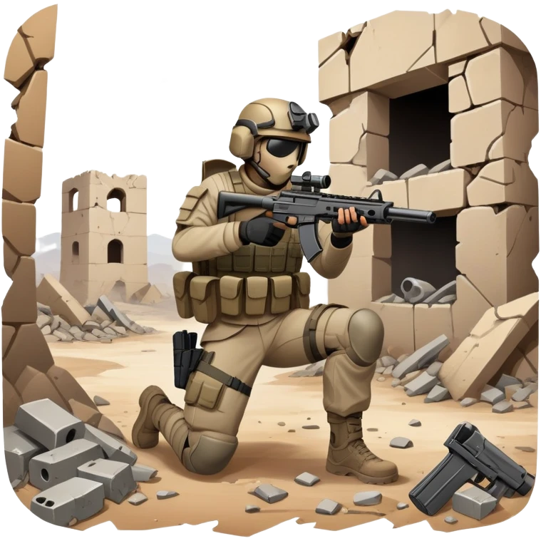 A skilled airsoft player in tactical gear, aiming a gun and shooting metal BBs in a desolate, ruined landscape. The setting is filled with broken walls and debris, creating a tense atmosphere of strategy and precision in a high-stakes tactical environment emoji