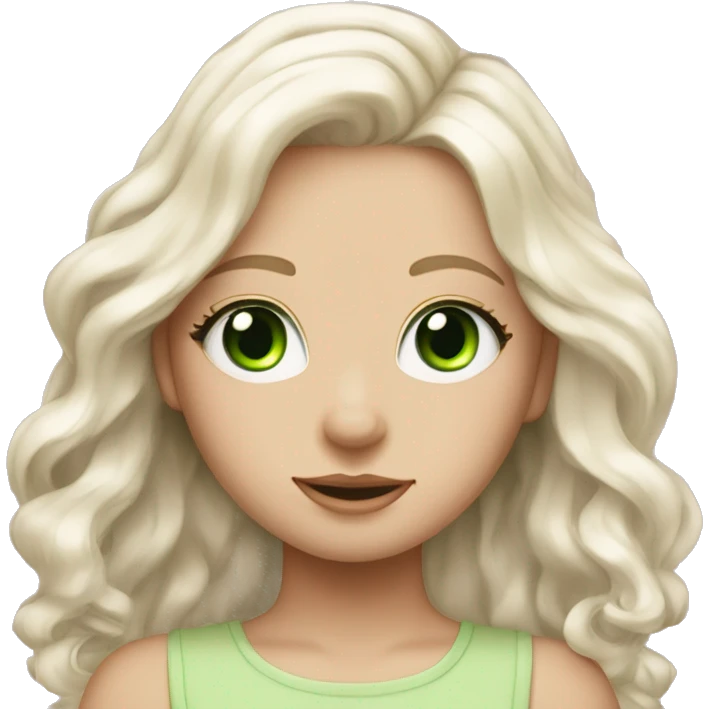 pale blonde girl with long platinum white wavy hair with bright green eyes and a cute light pink hair ribbon emoji
