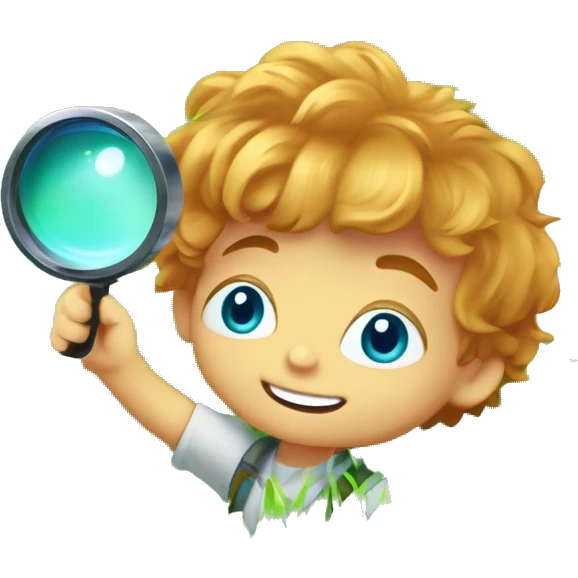 Little boy with blue/turquoise eyes, no glasses, and strawberryblonde wavy hair crouching down low in a lot of green grass. He is holding a magnifying glass, closely examining nature and looking happy/curious emoji