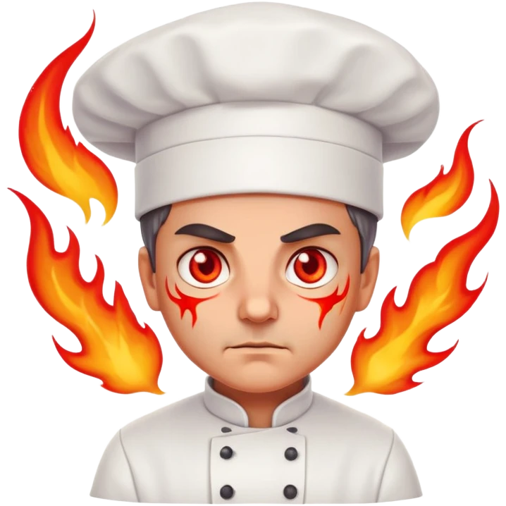 focused chef with glowing red eyes, flames bursting emoji