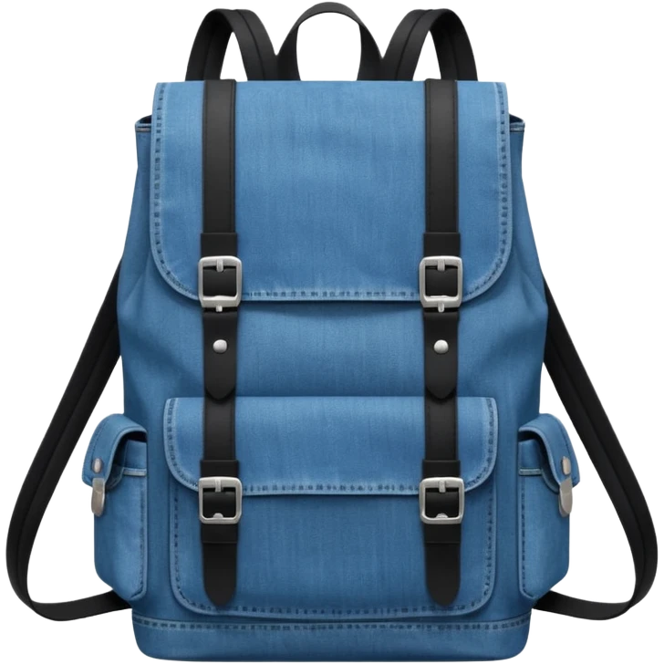 Minimalist emoji-style icon of a stylish blue denim backpack with a flap top, two vertical black buckle straps,and two zipper side pockets. Inspired by Tommy Jeans design. 

 emoji