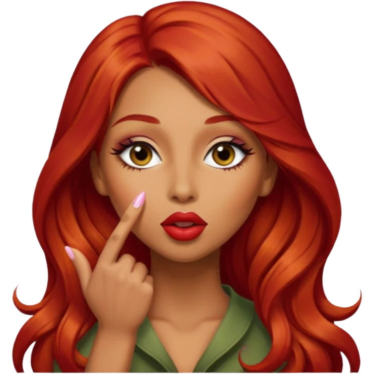  woman with long red hair and make up and olive skin sending a kiss emoji