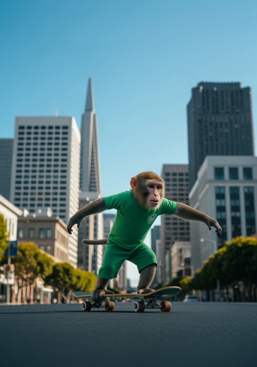 Cinematic still scane, Low angle medium shot, monkey dress in green outfit, monkey ride on skateboard, san francisno downtown with city lanscape, blue clean sky, captured by ARRI Alexa XT, soft cinematic lightning emoji
