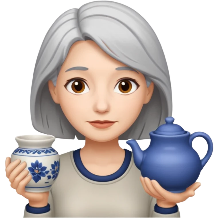 Woman with grey hair with ceramics emoji