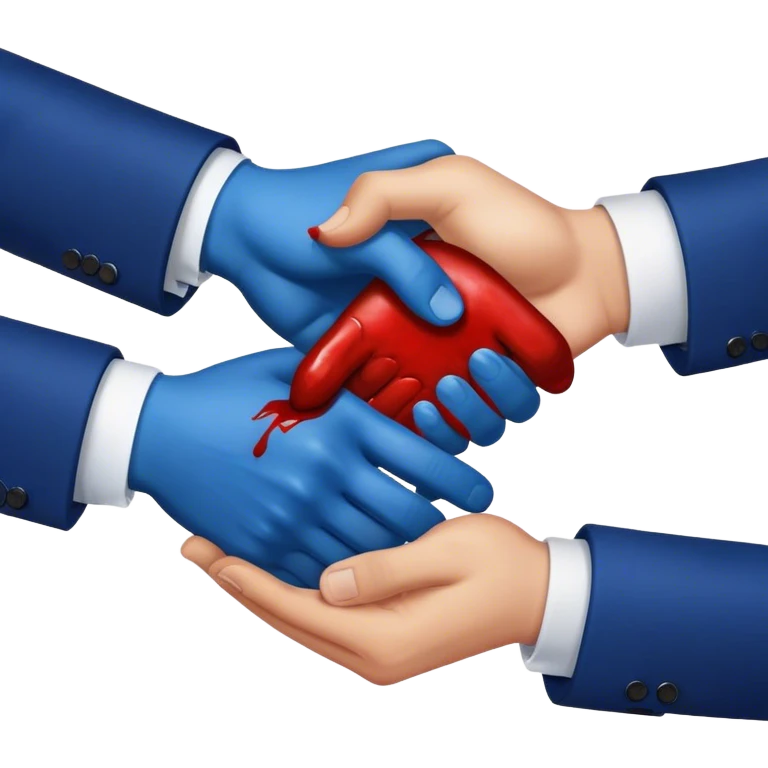 handshake, hands in blue suits, blood on one of the hands emoji