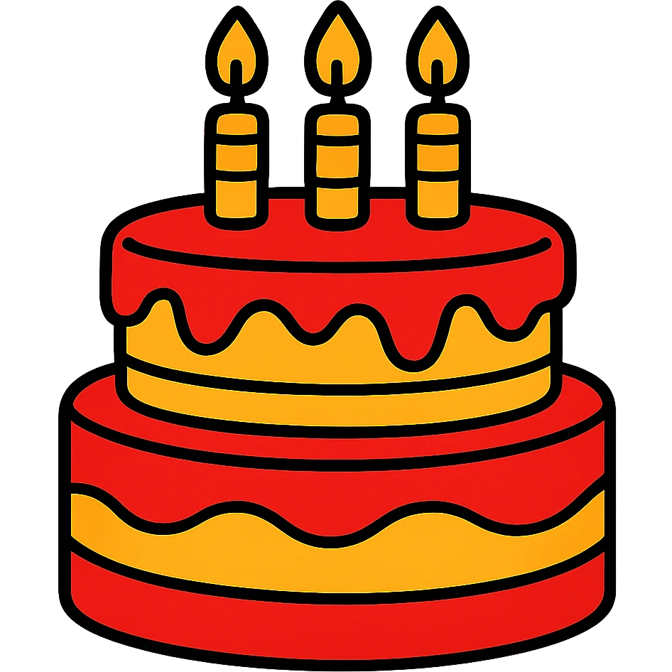 large red and yellow birthday cake with three candles, cartoon style, no background emoji