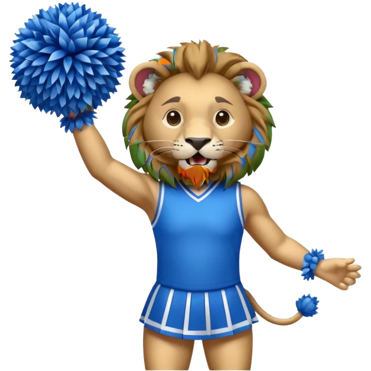 Lion wearing a blue and white cheer uniform with blue and whit Pom Poms cheering emoji