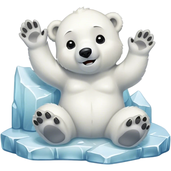 Polar bear cub sitting in an ice chunk and waving while saying goodnight  emoji