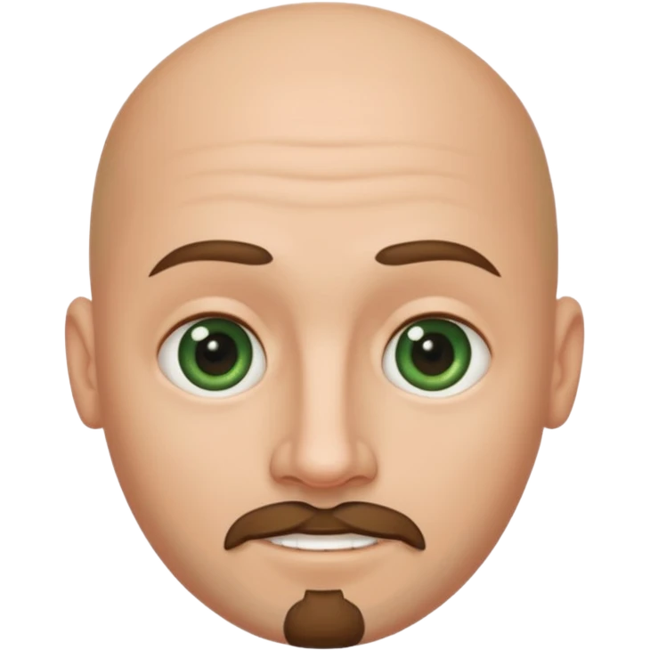 white caucasian bald man's face, with brown goatee and dark green eyes, oval face, rounded, big, little eyes a small smile emoji