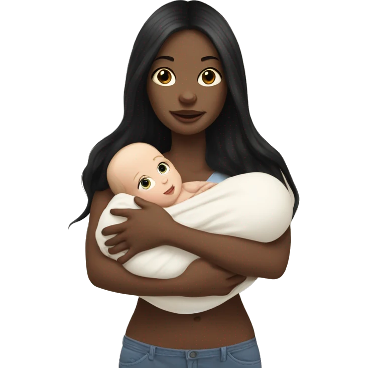 Pale girl with long black hair is holding a pale newborn baby emoji