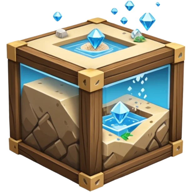 crafting table with tools, stone, wood, glass, sand, steam, water, diamonds... like a minecraft style cube crafting table  emoji