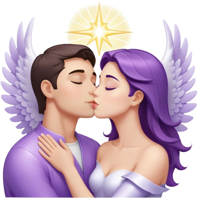 a pastel purple angel woman kisses White brunette man human with rays of light emoji