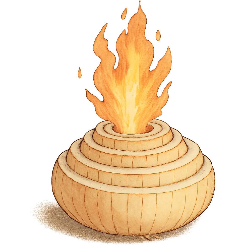 ghibli style illustration of a sliced onion volcano with fire erupting from the top emoji