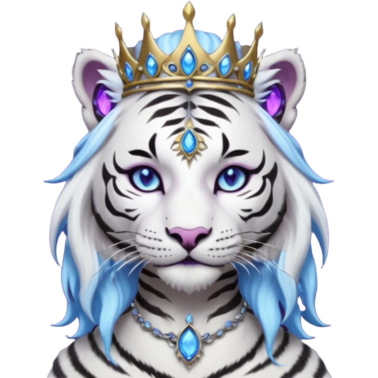 ESO Female white/black tiger khajiit leader of the umbral rose, glowing blue eyes, glowing blue 'third eye' gem, black dreadlocks; silver crown/tiara with purple gems emoji