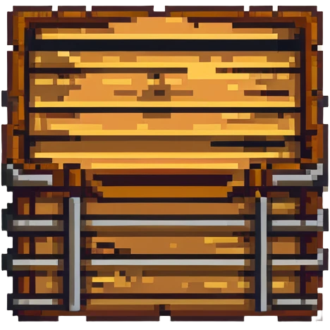 Flat 2D wooden crate with metal reinforcements, color #c2410c with darker wood grain, visible wood grain texture, metal bands across the crate, no perspective, flat 2D appearance, breakable look, simple warning symbol, 32x32 pixels emoji