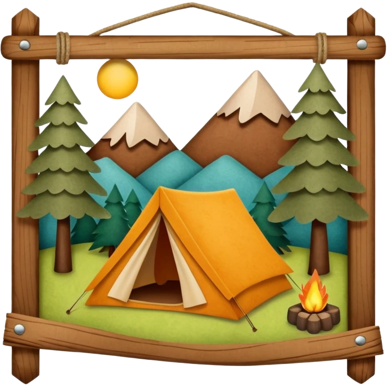 Wooden Camping sign made of felt texture, scrapbooking style, transparent background emoji