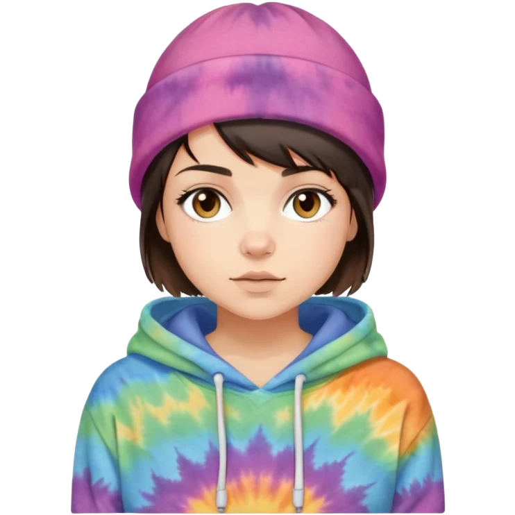 very short haired brunette girl with an Ohio beanie on and a tiedye hoodie emoji