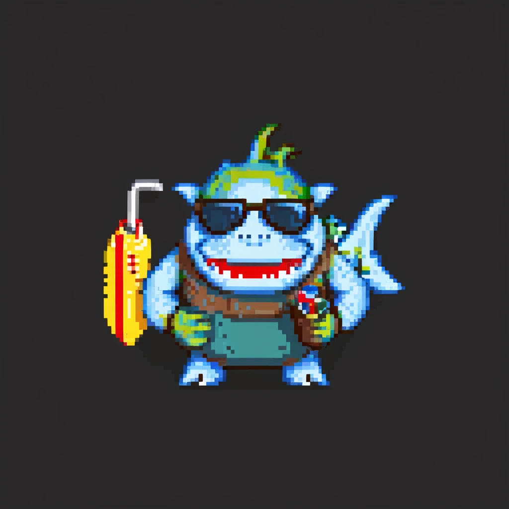 orc male with a shark-shaped inflatable floatie, wearing large sunglasses and a whistle on a cord, pixel art style emoji