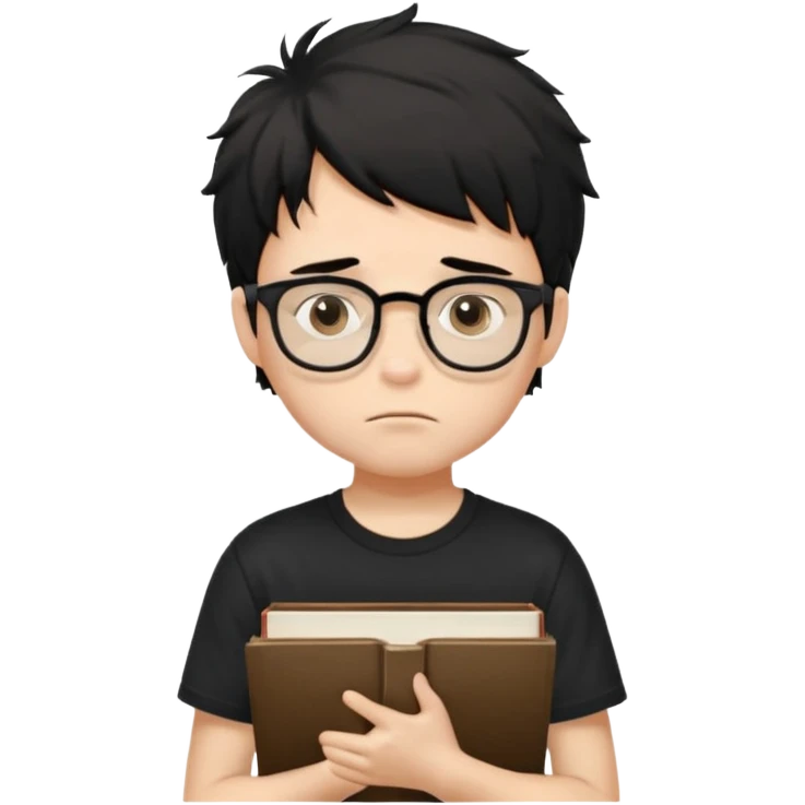 generate a pretty bratz fair skinned boy with black messy hair wearing a black tshirt looking bored n tired. Glasses on. holding books emoji