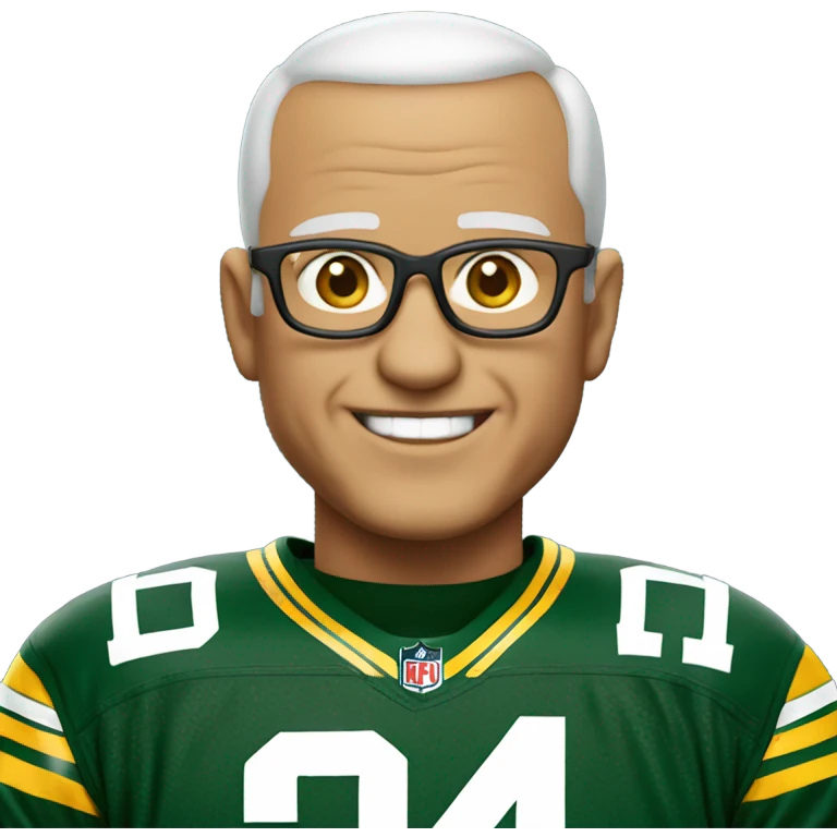 smiling old white male with buzz cut and glasses in packers jersey emoji