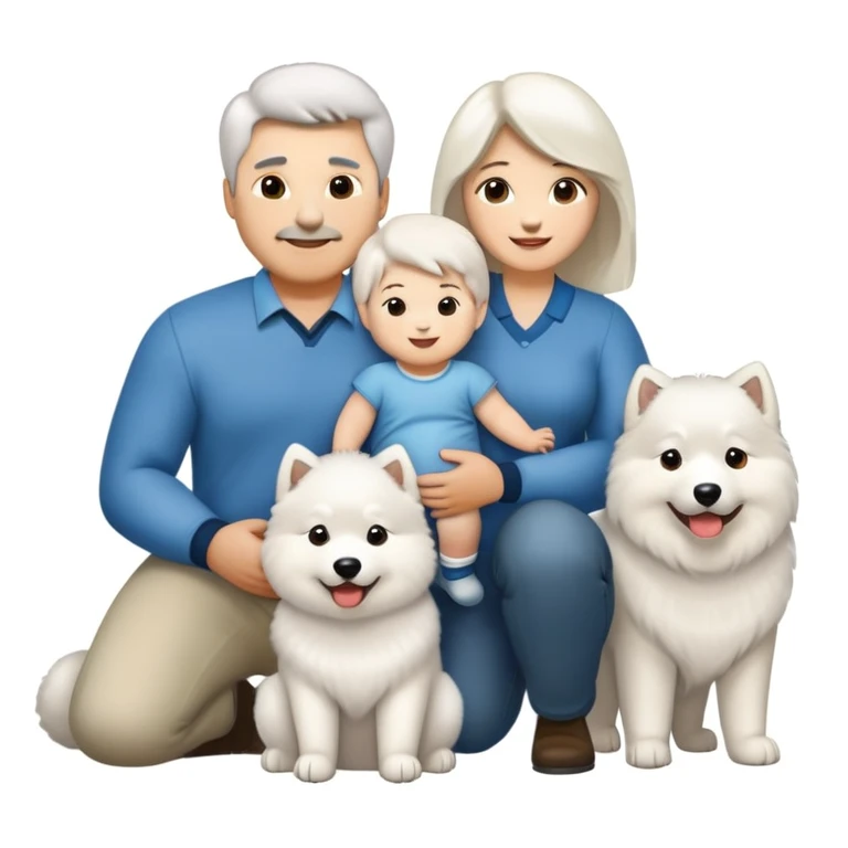 A family portrait in Apple iOS emoji style, featuring a dad, a mom, a 2-year-old baby boy, a fluffy white Samoyed dog, and a large Alaskan Malamute. All characters are smiling and standing close together in a warm, happy scene. emoji