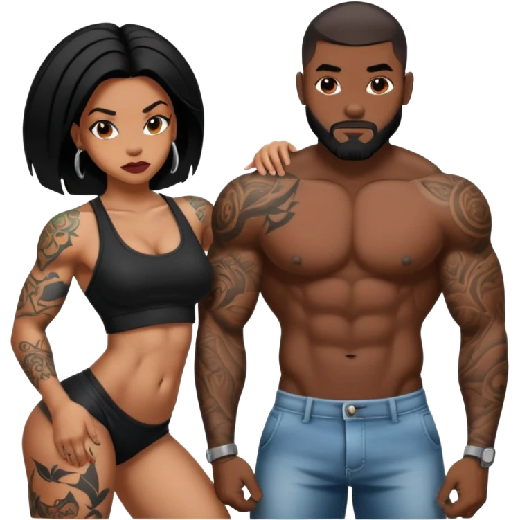 Naked ebony man with tattoos behind naked ebony girl with tattoos bent over emoji