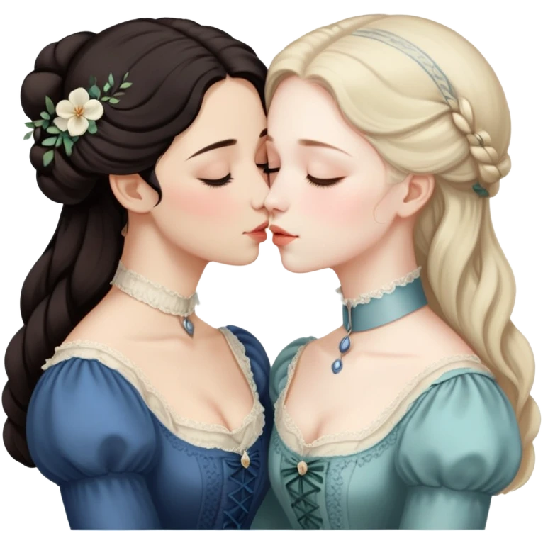 Two Victorian women sharing a gentle kiss, eyes closed, one with dark hair and one with light hair, both wearing modest dark Victorian dresses emoji