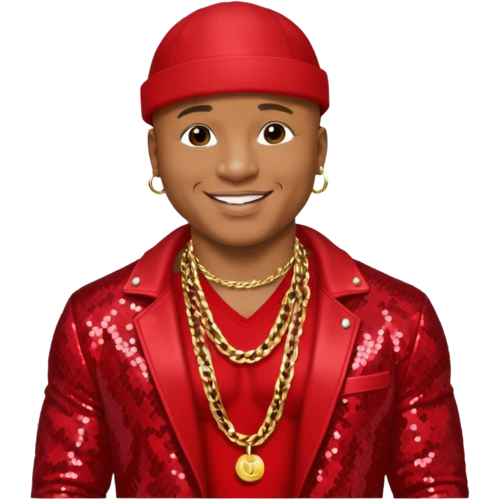 LL Cool J with red sequin jacket, shirtless with necklace emoji