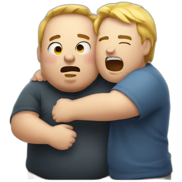 A bit chubby man hugging and yelling another a bit chubby man emoji