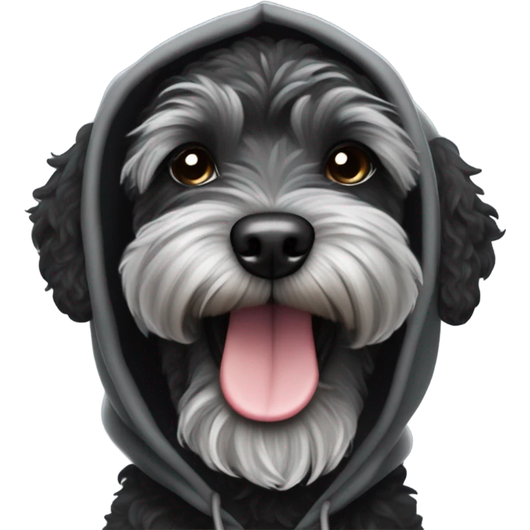 Cool black schnoodle with grey brindle and an underbite winking while smiling with boxing gloves and a hoodie  emoji