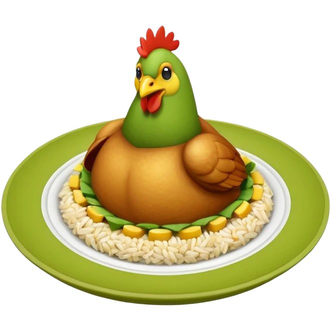 moji 3D de plato redondo con pollo en tiras, arroz blanco, rodajas de aguacate y maíz amarillo, vista desde arriba, fondo blanco, estilo simple. emoji