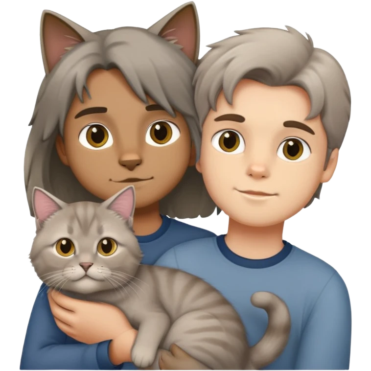 boy holding a grey longhair cat and a British longhair golden cat emoji