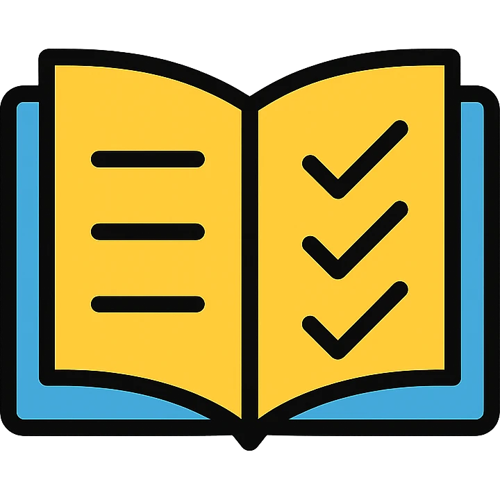 quiz icon, open book with checkmarks, colorful outline style emoji