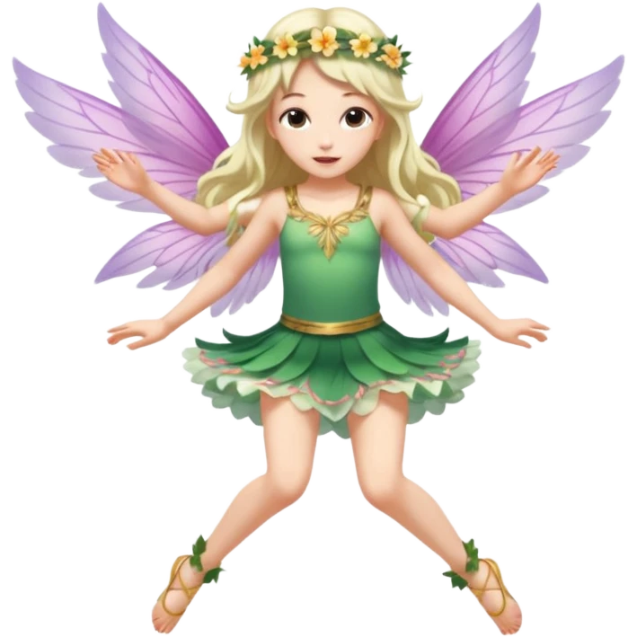 A winged flower fairy white skin girl, wearing a short skirt, one leg straight and the other bent, her body tilted, in a flying pose. emoji