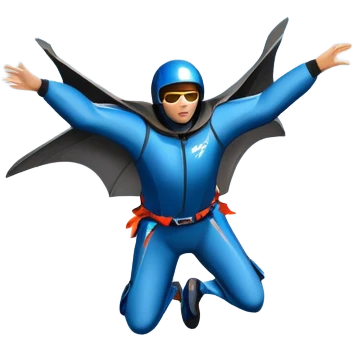 A wingsuit jumper soaring through the air between towering mountains, with the suit spread wide to catch the wind. The background features dramatic cliffs and expansive skies, emphasizing the thrill and freedom of base jumping in a stunning natural landscape. emoji