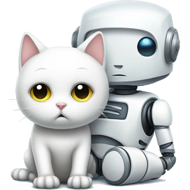 Sad robot beside white kitten emoji